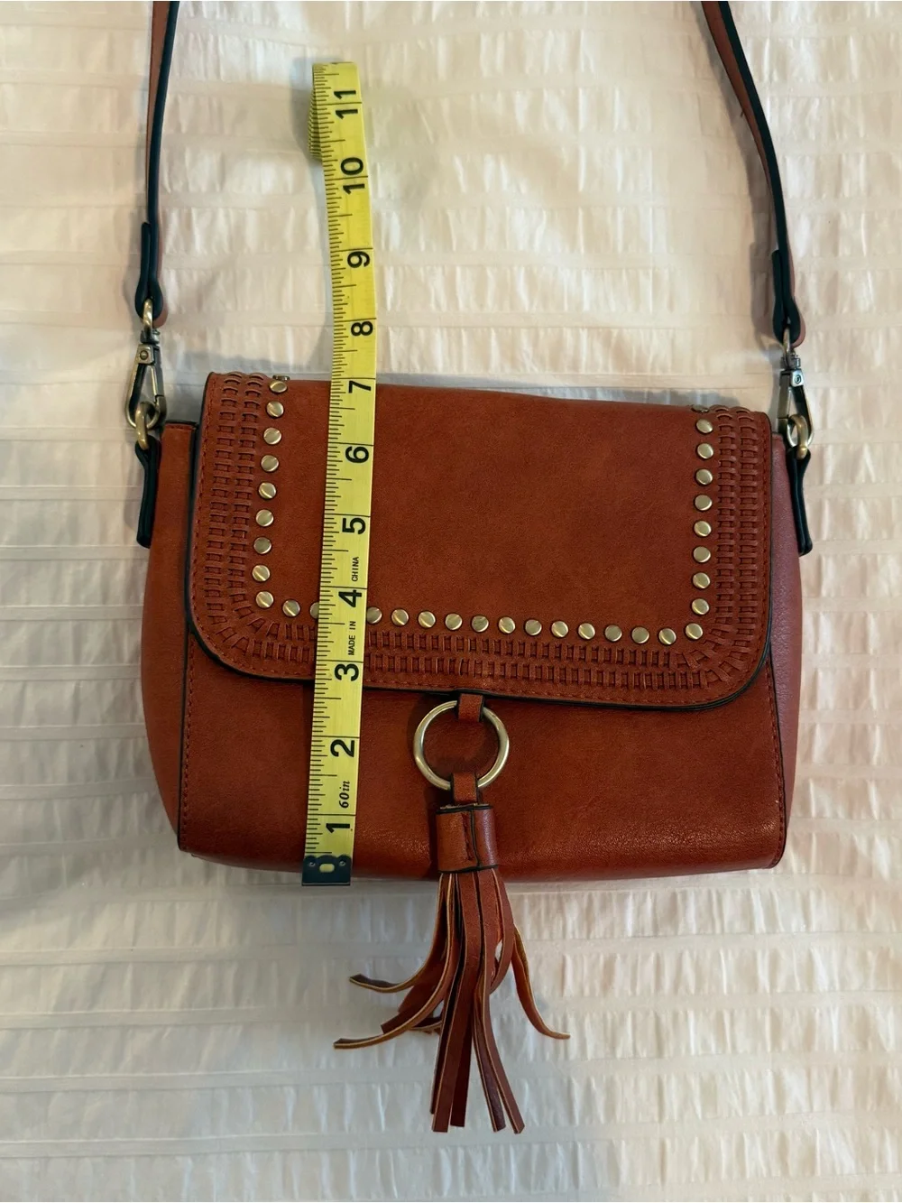Tassel Studded Crossbody Bag - Brown